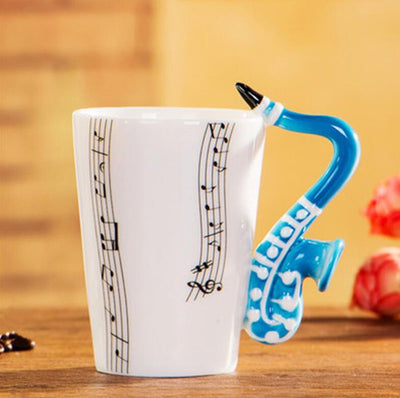 Coffee Cup with Music Notes in the Form of Saxophone Handle Ceramic Porcelain Cup of Tea Milk Method