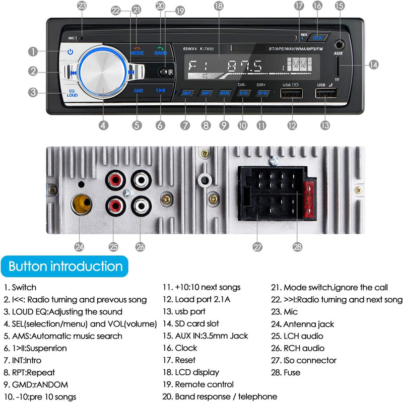 RDS Autoradio Bluetooth 5.0, Autoradio Con Vivavoce Telecomando Radio FM 4X65W Con Lettore MP3 USB E Supporto Telefono Ios E Android