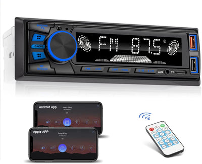 Autoradio 1 Din, Radio Auto Stereo  4X50W Con Bluetooth Vivavoce Con App Control Supporta FM/ Mp3/Sd/Aux-In/Eq/Display Orologio/Telecomando, Due Porte USB