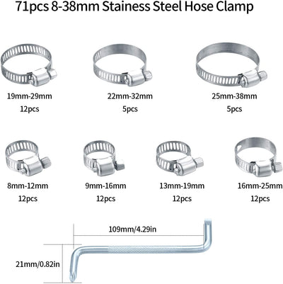 Set Di Fascette Atringitubo, Fascetta Atringitubo, Collari per Tubi, Morsetto Collare Di Serraggio Fascetta, Morsetto a Molla per Tubi Piscina, Tubo Meccanico, Fascette Auto - 71 Pz/8-38Mm