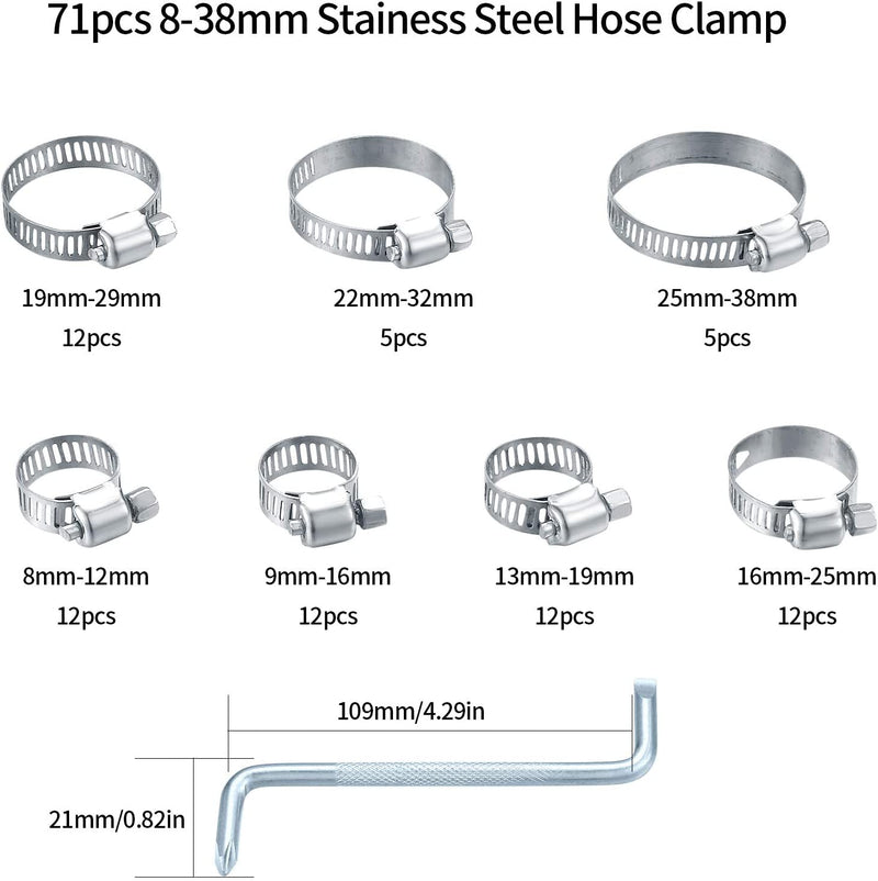 Set Di Fascette Atringitubo, Fascetta Atringitubo, Collari per Tubi, Morsetto Collare Di Serraggio Fascetta, Morsetto a Molla per Tubi Piscina, Tubo Meccanico, Fascette Auto - 71 Pz/8-38Mm