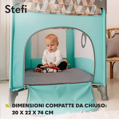 Stefi Lettino Neonato Da Viaggio Pieghevole Con Materasso, Dalla Nascita Fino a 3 Anni, Box Bambini Da Campeggio Con Entrata Laterale, Le Pareti Realizzate in Rete, Borsa, Route