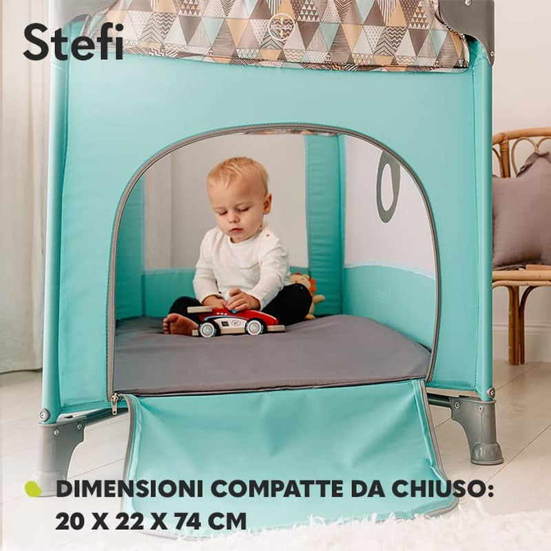 Stefi Lettino Neonato Da Viaggio Pieghevole Con Materasso, Dalla Nascita Fino a 3 Anni, Box Bambini Da Campeggio Con Entrata Laterale, Le Pareti Realizzate in Rete, Borsa, Route