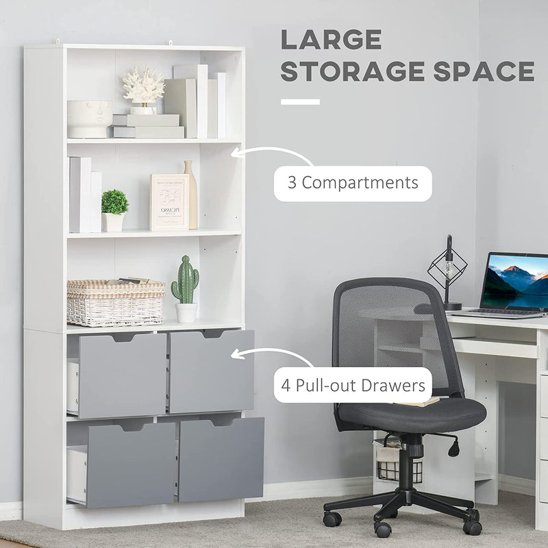 Mobile Libreria Con 4 Cassetti E 3 Ripiani Aperti per Casa E Ufficio, in MDF E Truciolato, 76X30X173Cm, Bianco E Grigio