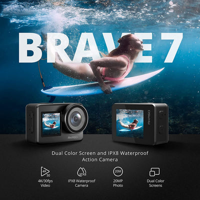 Brave 7 Action Cam 4K 30FPS - Fotocamera Subacquea 20MP IPX8 Con Stabilizzatore, Comando Vocale E Doppio Touchscreen, Videocamera Impermeabile Grandangolare Con 2 Batterie E Kit Di Accessori