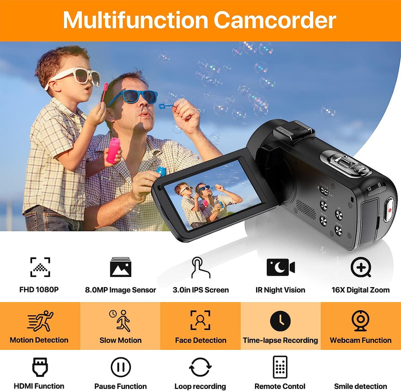 Videocamera FHD 1080P 36MP 30FPS Videocamera Digitale Vlogging per Youtube Visione Notturna IR 16X Zoom Digitale 270 Gradi Rotazione 3.0" Touch Screen Videoregistratore, Telecomando E 2 Batterie