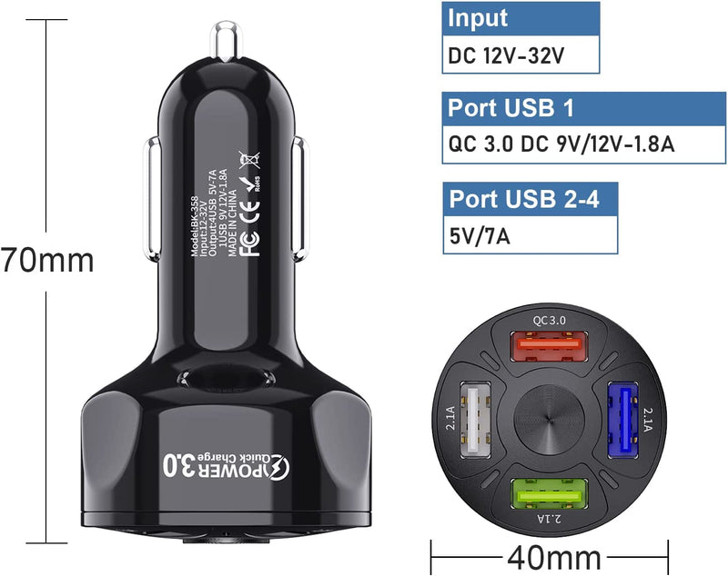 Caricatore Auto USB Accendisigari USB Caricabatterie, 4 Porte Caricabatterie Auto Cellulare, Quick Charge 3.0 E 2.1A Compatible with Iphone13, Ipad Samsung Galaxy, Huawei, Xiaomi, Tablet