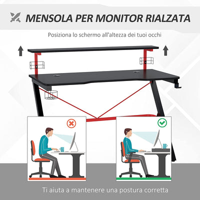 Scrivania Da Gaming Con Ripiano Monitor, Scrivania per Computer Porta PC Con Gancio E Portabicchieri Nera E Rossa, 120X60X97Cm