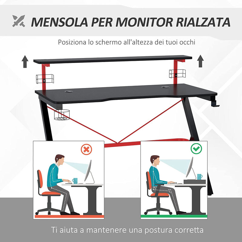 Scrivania Da Gaming Con Ripiano Monitor, Scrivania per Computer Porta PC Con Gancio E Portabicchieri Nera E Rossa, 120X60X97Cm