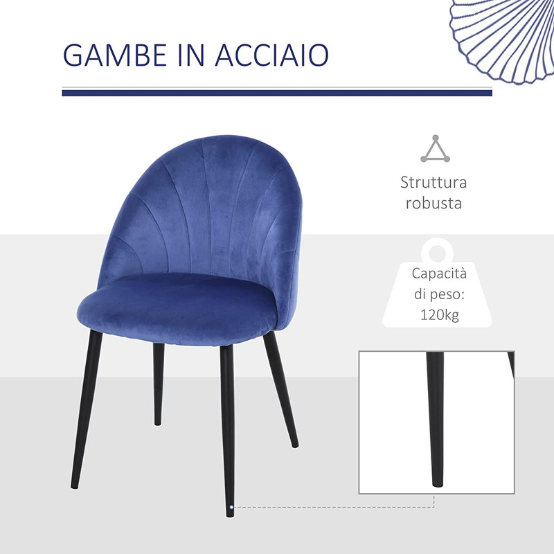 Set 2 Sedie Sala Da Pranzo E Soggiorno Imbottite, Design Nordico Ed Ergonomico in Metallo E Velluto Blu, 52X54X79 Cm