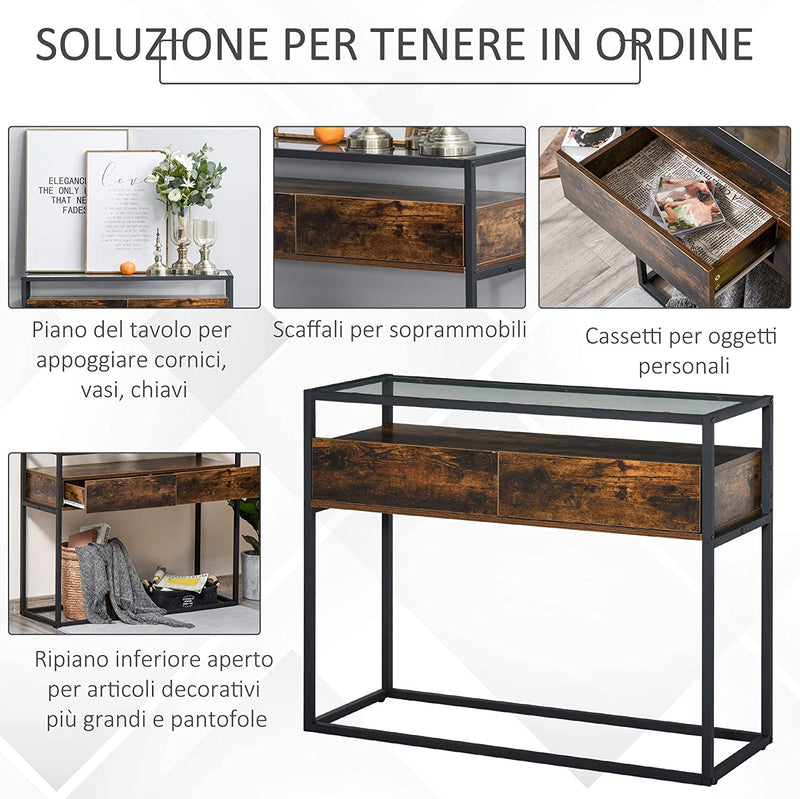 Tavolo Consolle Da Ingresso E Soggiorno, Ripiano in Vetro, Mensola E 2 Cassetti, in Metallo E Legno, Nero E Marrone, 100X35X76Cm