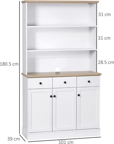 Credenza Da Cucina in Legno Bianco Con 3 Ripiani, 3 Cassetti E 2 Armadietti 101X39X180.5 Cm