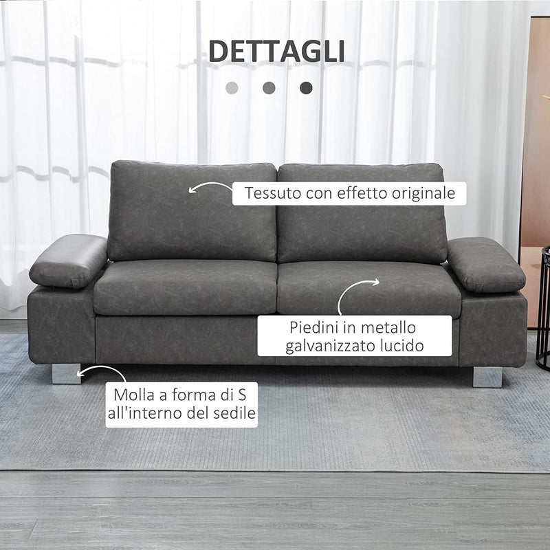 Divano 2 Posti Da Salotto E Ufficio Salvaspazio Con Seduta Imbottita E Braccioli Regolabili, 200X88X86 Cm, Grigio