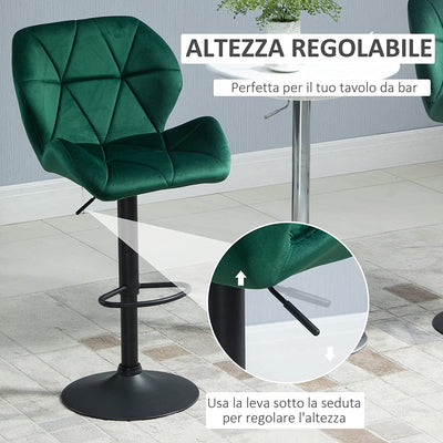 Set 2 Sgabelli Da Bar, Altezza Regolabile Con Base in Metallo E Seduta in Velluto, Sgabelli Moderni Con Schienale E Poggiapiedi, 46X48X83-104Cm, Verde