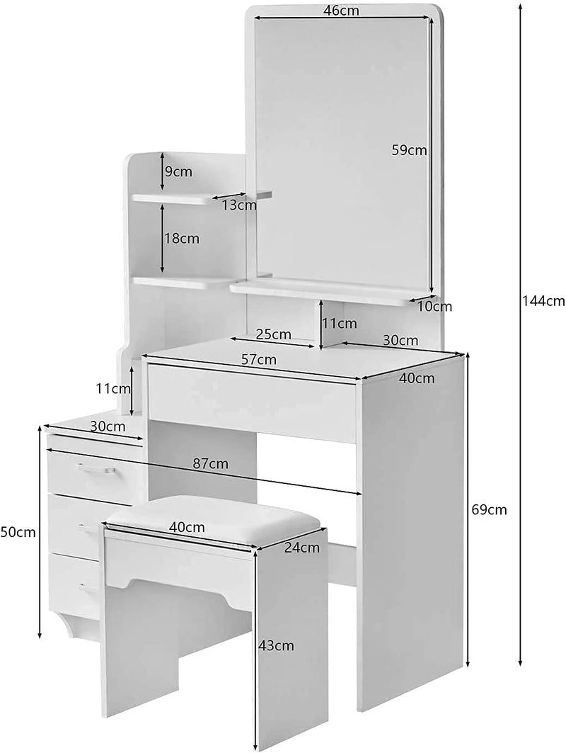 Tavolo Da Toeletta Bianco per Camera Da Letto Con Specchio E 4 Cassetti Portaoggetti, Sgabello, Tavolo Da Trucco per Donne E Ragazze, 87 X 40 X 144 Cm