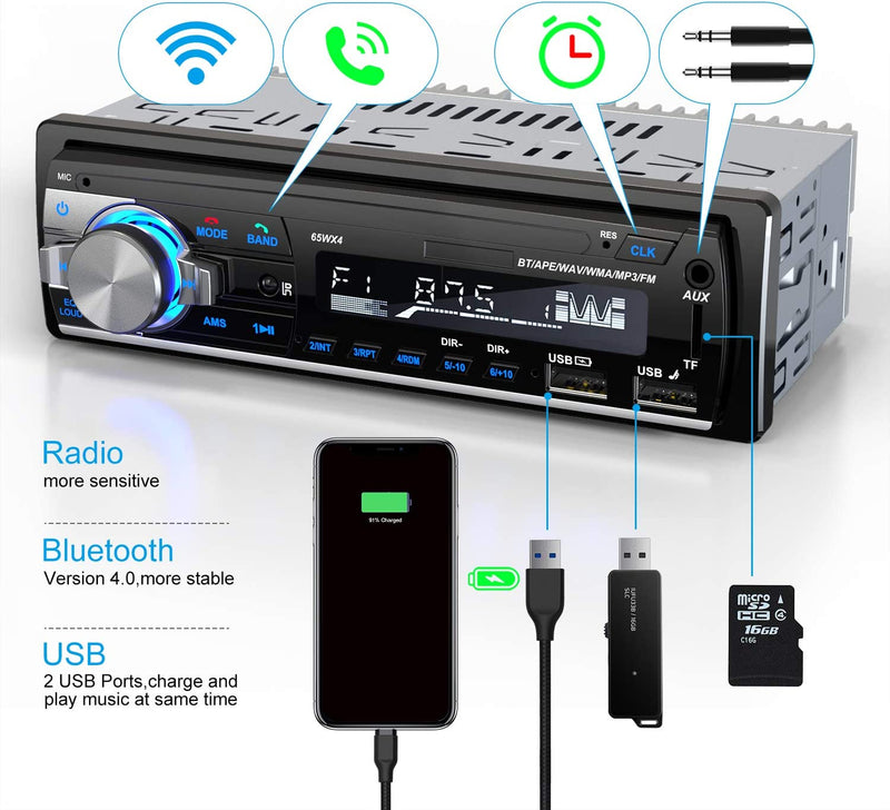 RDS Autoradio Bluetooth Vivavoce,  Radio Stereo 4 X 65W 1 Ricevitore Radio per Auto DIN Con Lettore MP3 Telecomando WMA FM, Due Porte USB, Supporto Ios, Android