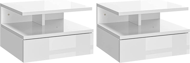 Set Da 2 Comodini Moderni Sospesi per Camera Da Letto Con Cassetto E Mensola Superiore in Legno 35X32X22.5Cm, Bianco Lucido