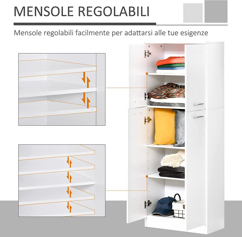 Mobile Dispensa Multiuso Con 2 Armadietti E Mensole Regolabili, Legno Truciolare, 59X31X155Cm, Bianco