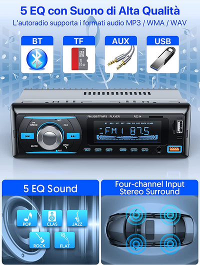 RDS Autoradio Bluetooth 5.0 Vivavoce,  FM/AM Bluetooth Autoradio Con Telecomando, Supporto Due USB/AUX In/Sd/Tf/Wma/Wav/Mp3 Player, 1 DIN Stereo Radio 4X65W Supporto Ios Android