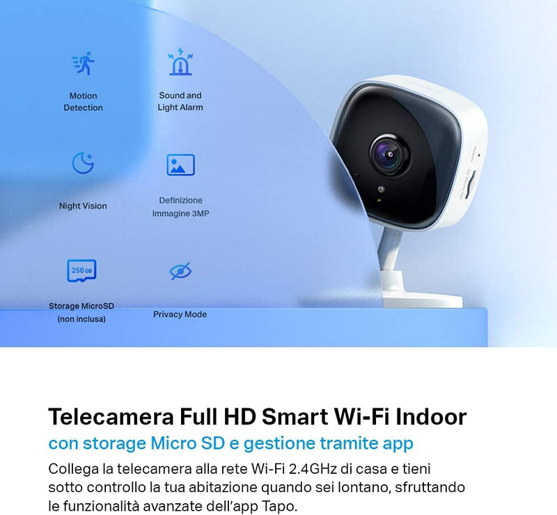 Telecamera Wi-Fi Interno Tapo C110, Videocamera Sorveglianza 2K(3MP), Visione Notturna, Audio Bidirezionale, Modalità Privacy, Notifiche in Tempo Reale Del Sensore Di Movimento