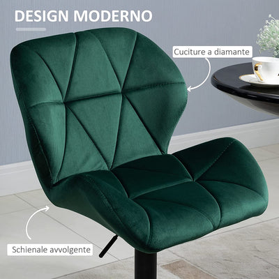 Set 2 Sgabelli Da Bar, Altezza Regolabile Con Base in Metallo E Seduta in Velluto, Sgabelli Moderni Con Schienale E Poggiapiedi, 46X48X83-104Cm, Verde