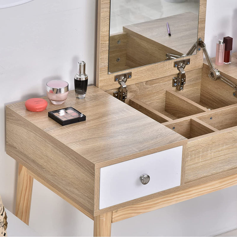 Tavolo Da Trucco Moderno Con Specchio Estraibile, Organizer Gioielli, 2 Cassetti E Sgabello, Color Legno