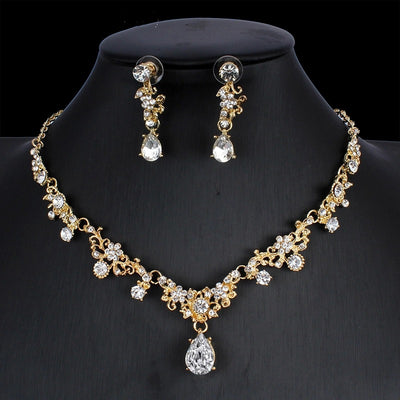 Golden Zircon Jewelry Set Bridal Necklace Earrings Wedding Two-Piece Set