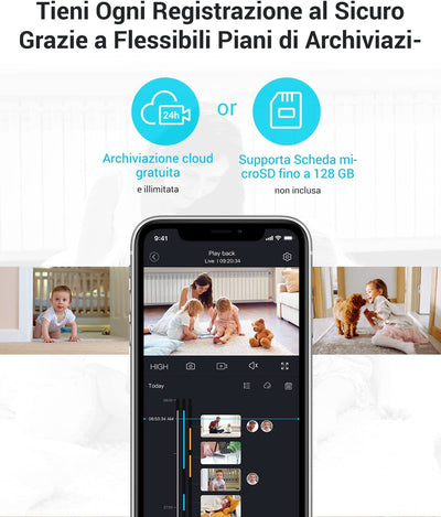 Telecamera Wi-Fi Interno,2K Videocamera Sorveglianza,Rotazione a 360°,Visione Notturna, Tracciamento Del Movimento,Audio Bidirezionale Compatibile Con Alexa&Google Assistant&Ifttt