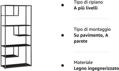 Mobile Libreria a 7 Livelli in Truciolato E Acciaio per Soggiorno, Camera Da Letto E Ufficio, 83X34X180 Cm, Nero