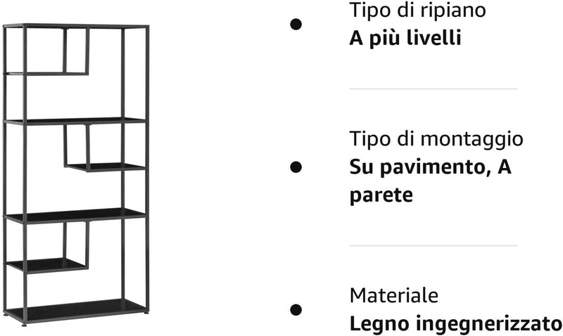 Mobile Libreria a 7 Livelli in Truciolato E Acciaio per Soggiorno, Camera Da Letto E Ufficio, 83X34X180 Cm, Nero