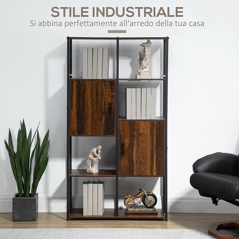 Libreria Moderna Stile Industriale Con 4 Ripiani E 2 Armadietti, Scaffale in Metallo E Legno per Casa E Ufficio, 90X30X159.5Cm, Nero E Marrone