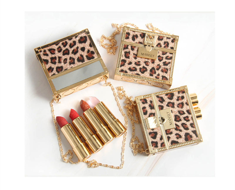 Fashion Small Sachet Mousse Lipstick Leopard Print Chain with Small round Mirror Set