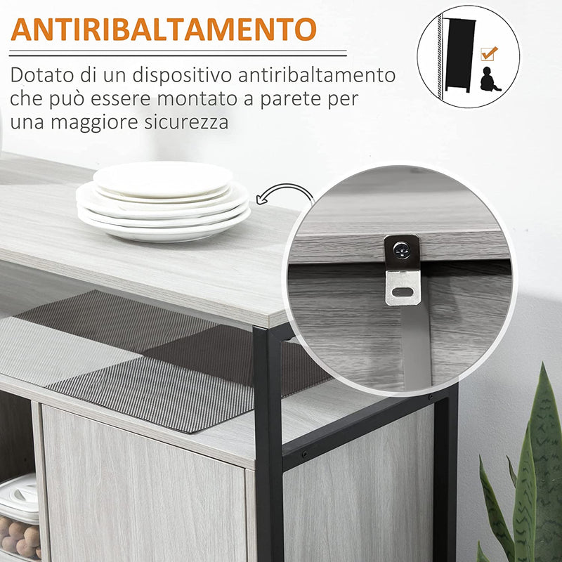 Credenza Moderna in Legno Con 2 Armadietti E Ripiani, Mobile Cucina E per Ingresso Grigio Chiaro, 100X34X87.2Cm