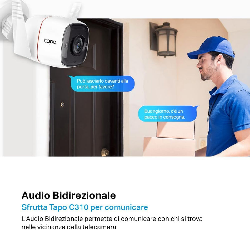 Tapo C310 Telecamera Wi-Fi Esterno UHD 3MP Telecamera IP Di Sorveglianza, Notifiche in Tempo Reale, Visione Notturna Fino 30M, Impermeabile IP66, 2 Vie Audio, Compatibile Con Alexa