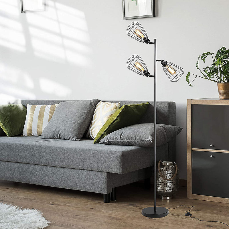 Lampada Da Terra in Stile Industriale Con 3 Paralumi Regolabili, Interruttore a Pedale, Acciaio Nero, Ф36 X 165Cm
