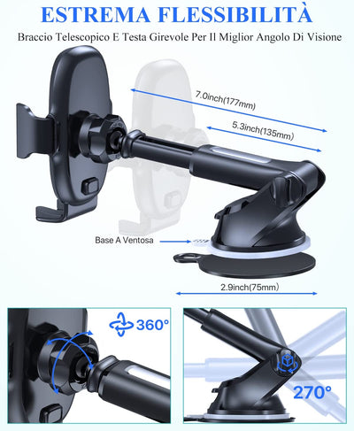 4 in 1 Supporto Telefono Auto, [Stabile & Multifunzionale], Porta Cellulare Auto Universale a Braccio Lungo per Cruscotto, Parabrezza E Presa D'Aria, Compatibile Tutti I Telefoni Da 4-7"