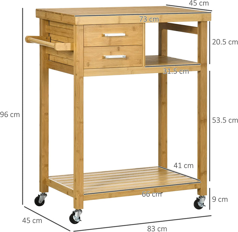 Carrello Da Cucina in Bambù Con Portasciugamani, 2 Cassetti E 2 Ripiani Aperti, 83X45X96 Cm