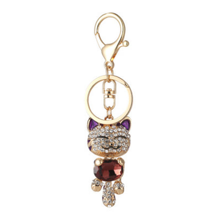 Fashion Enamel Lucky Cat Crystal Keychain Alloy Keyring for Women Party Gift Key Chains