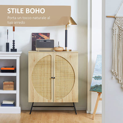 Credenza Stile Boho a 2 Ante Con 2 Ripiani Interni, Gambe in Acciaio E Inserti in Rattan, 80X39X101.8Cm, Naturale