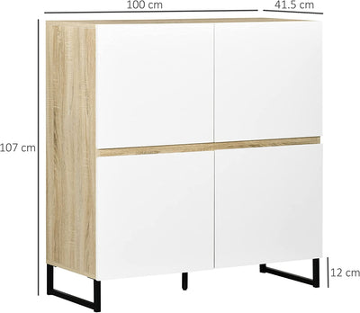 Mobile Multiuso Con 4 Ante Quadrate, Credenza Moderna per Cucina, Ingresso, Camera Da Letto, 100X41.5X107Cm, Bianco