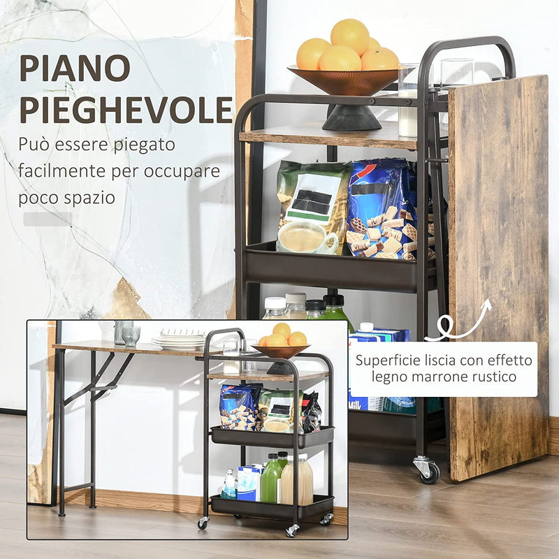 Carrello Da Cucina Stile Industriale 3 Mensole E Ripiano Pieghevole, Porta Tazze E 4 Ruote, 118X36.5X82Cm, Marrone