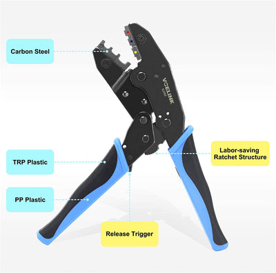 GJ707 Pinza Crimpatrice Capicorda, Strumento Crimpatura Terminali Isolati E Non Isolati Boccole Da 0,50 - 6,00 Mm², Blu