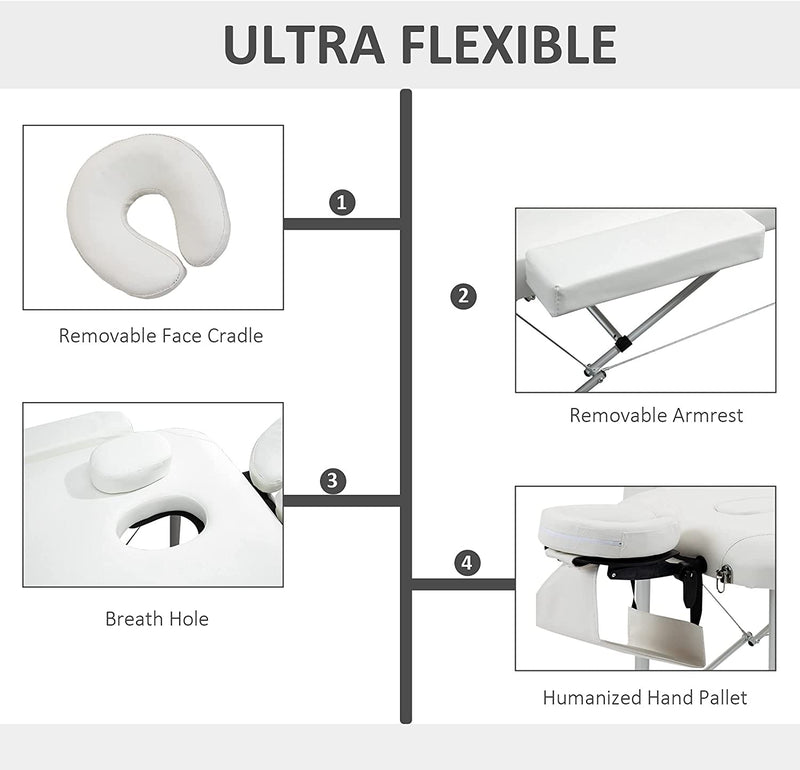 Lettino Massaggi Portatile, Pieghevole E Professionale in Alluminio per Estetista, Terapista, SPA, Bianco, 215X60X61-84Cm