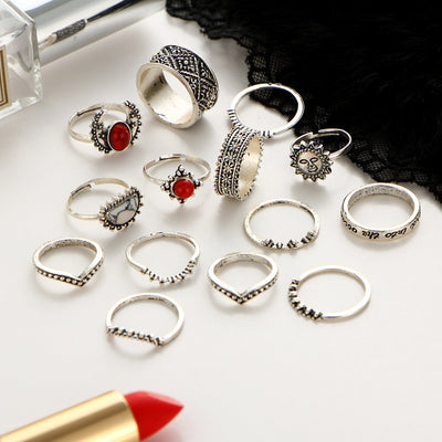 Foreign Trade Retro Silver Carved Joint Ring Red and White Turquoise 14 Piece Set Set Ring Female Jewelry Wholesale