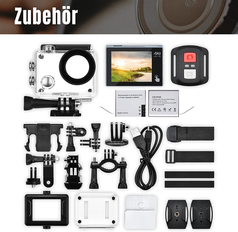 Action Cam, 20MP Action Cam 4K Con Touch Screen, Stabilizzatore EIS, Impermeabile Fino a 40M Sotto L&