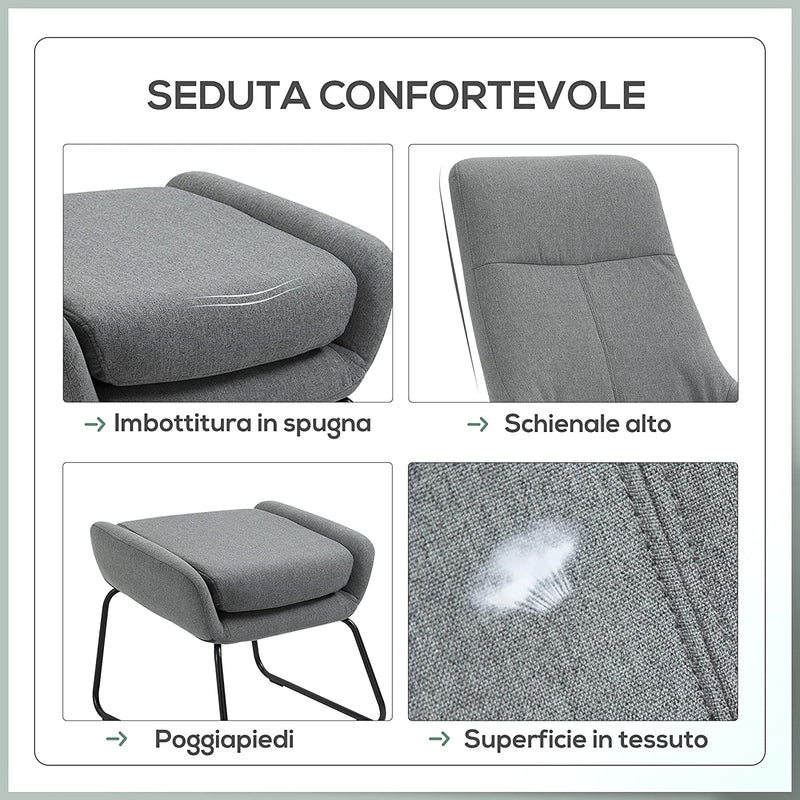 Set Poltrona Con Pouf Poggiapiedi Imbottiti, Arredamento Casa E Ufficio in Metallo E Tessuto, Grigio