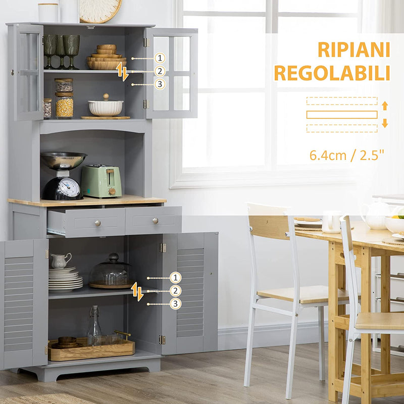 Credenza Alta per Cucina, Mobile Buffet in Legno, Armadio Dispensa in Stile Classico, Grigio, 68X39.5X170Cm