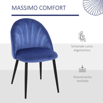 Set 2 Sedie Sala Da Pranzo E Soggiorno Imbottite, Design Nordico Ed Ergonomico in Metallo E Velluto Blu, 52X54X79 Cm