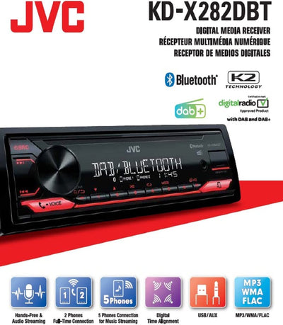 , Autoradio Bluetooth KD-X282DBT, Digital Media Receiver Con DAB+, Chiamate in Viva Voce E Streaming Audio Con App , Display LCS, AUX Frontale E USB Retroilluminata, Nero