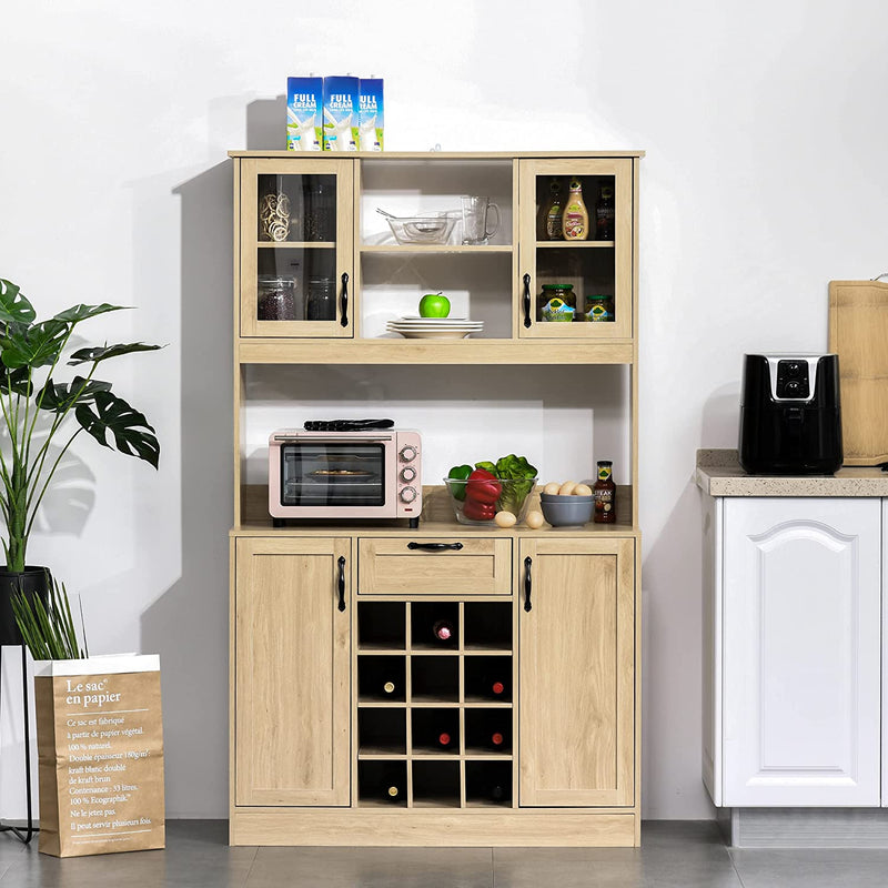 Mobile Cucina Con Cassetto, 4 Armadietti, Mensole E Portabottiglie, Credenza Alta in Legno, Rovere, 106X48X180Cm